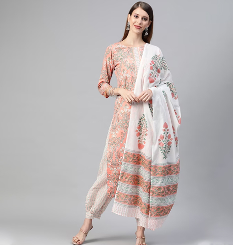 Women Peach-Coloured & Off-White Printed Pure Cotton Kurta with Salwar & Dupatta